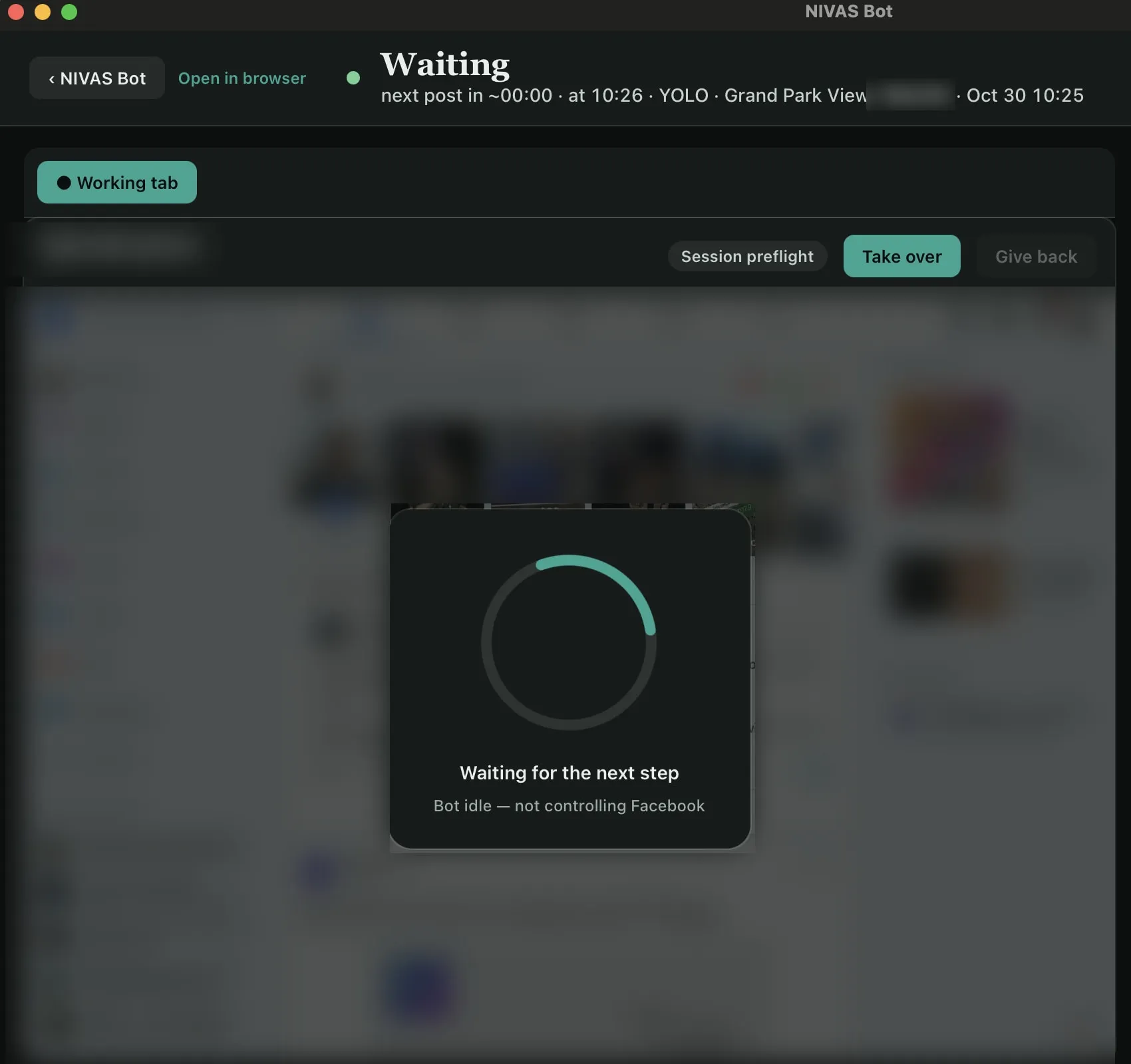 The NIVAS Bot window, Waiting: next post in about a minute, YOLO campaign; “Waiting for the next step”.