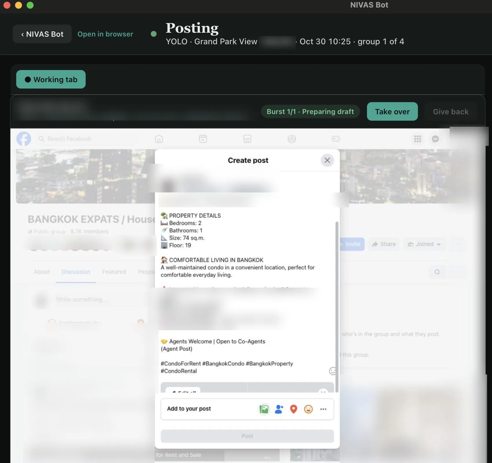 The NIVAS Bot window, Posting group 1 of 4: “Burst 1/1 · Preparing draft”, with the Facebook Create post window filled in by the bot.