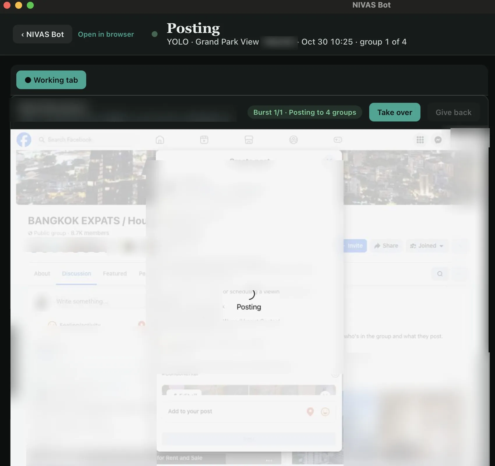 The NIVAS Bot window: “Burst 1/1 · Posting to 4 groups”, the Facebook post being published.