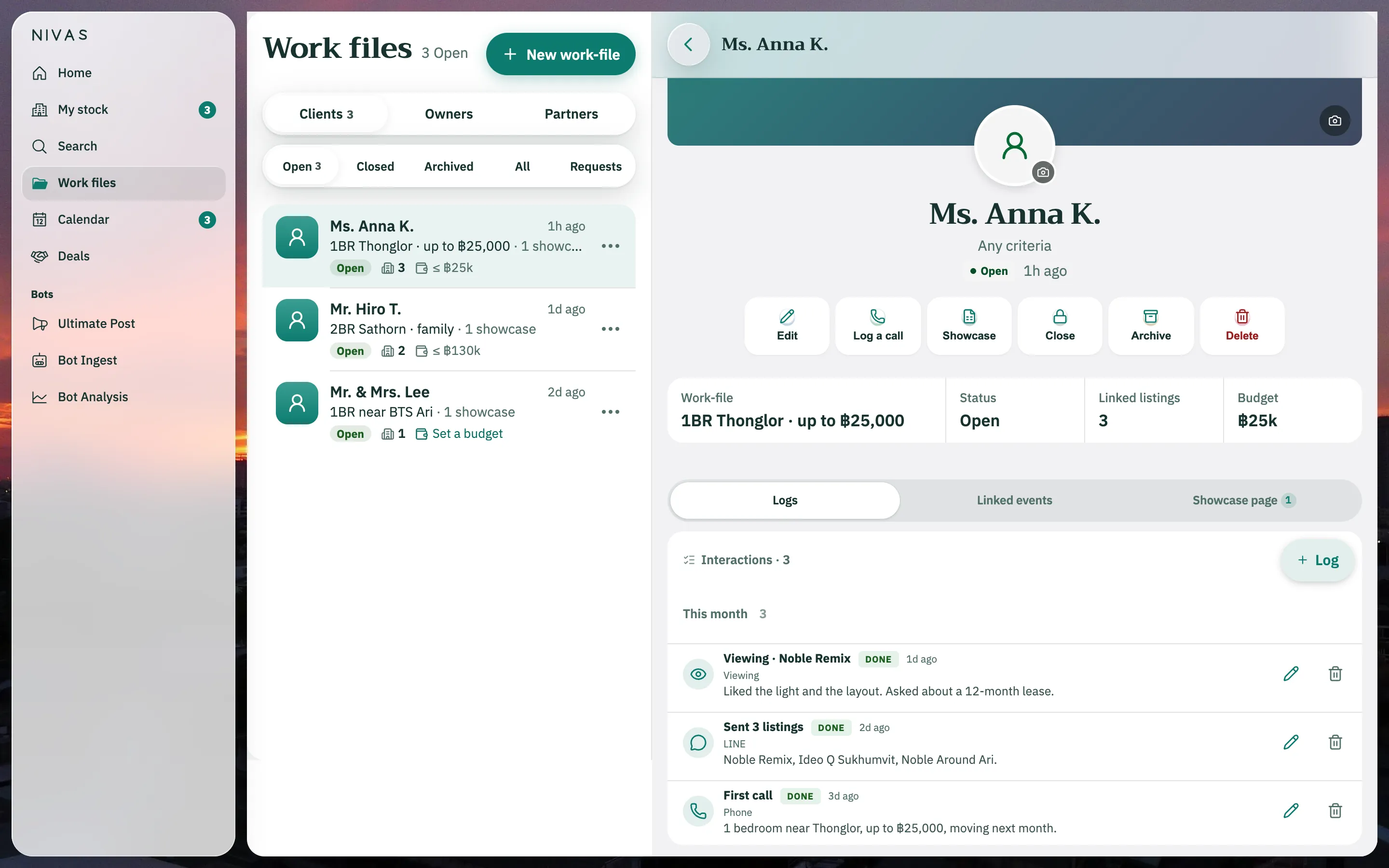 Work files, Clients · Open: three client files; Ms. Anna K. is open on the Logs tab with three Interactions — a viewing, three listings sent on LINE and a first call.