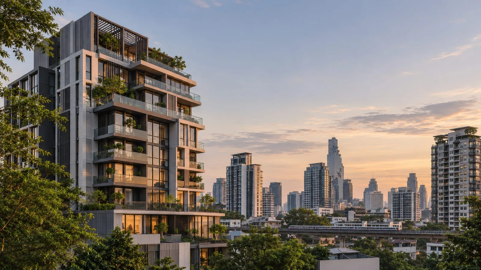 A generated image of Bangkok at dusk: a residential tower with planted balconies before the city skyline and an elevated train line. An illustration, not a real building and not a listing.