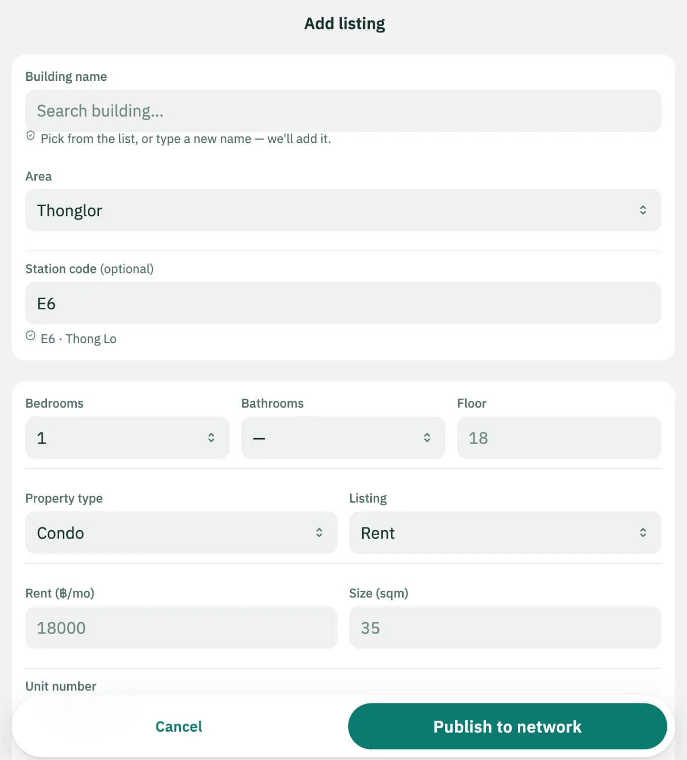 Add listing: one page with the building search, area, station code, bedrooms, bathrooms, floor, property type, rent, size, and the Cancel and Publish to network keys.