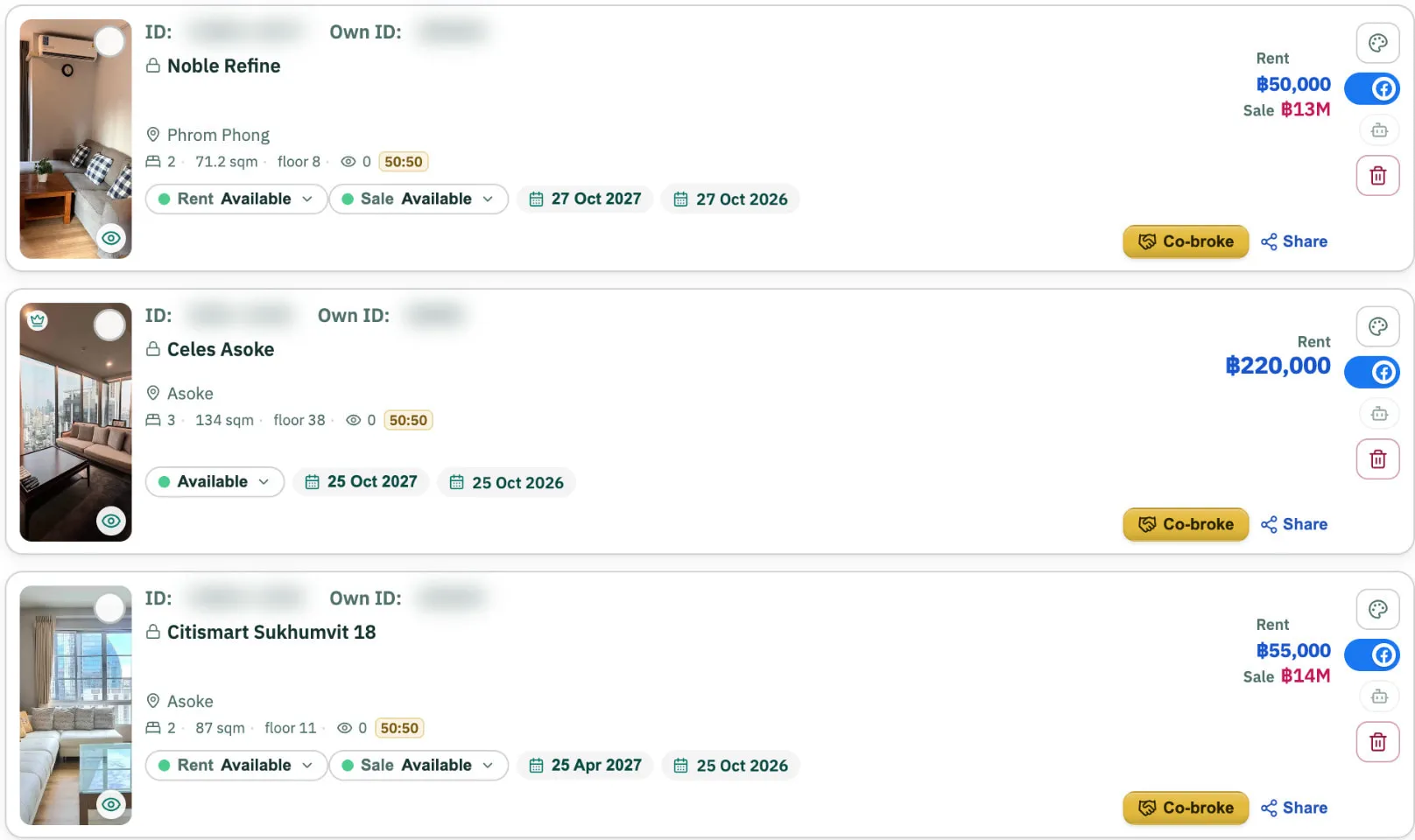 My stock › Cards: three listings with photo, building, area, rooms, size, floor, Rent and Sale status, dates, prices, the FB mark set from the Sheet, Co-broke and Share.