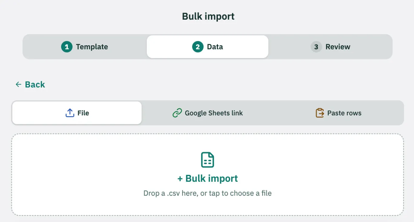 Bulk import, step 2 Data: File, Google Sheets link or Paste rows, with a drop zone for the file.