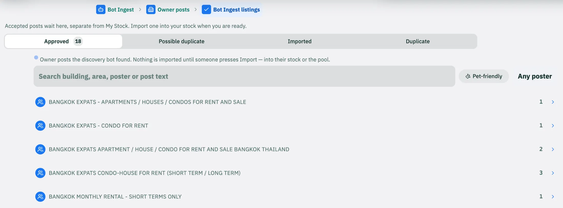 Bot Ingest listings: “Accepted posts wait here, separate from My Stock. Import one into your stock when you are ready.”, grouped by Facebook group.
