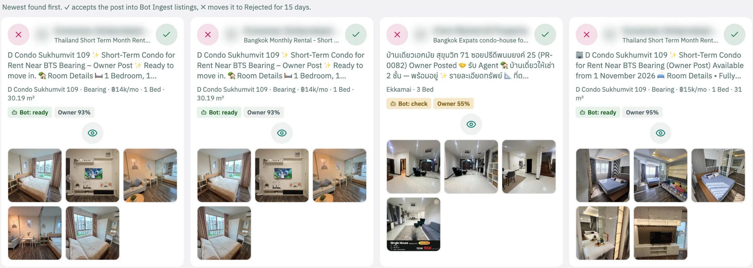 Bot Ingest › Extractions: “✓ accepts the post into Bot Ingest listings, ✕ moves it to Rejected for 15 days”, and four owner posts with their group, excerpt, building, price, beds, Owner % chip and photos.