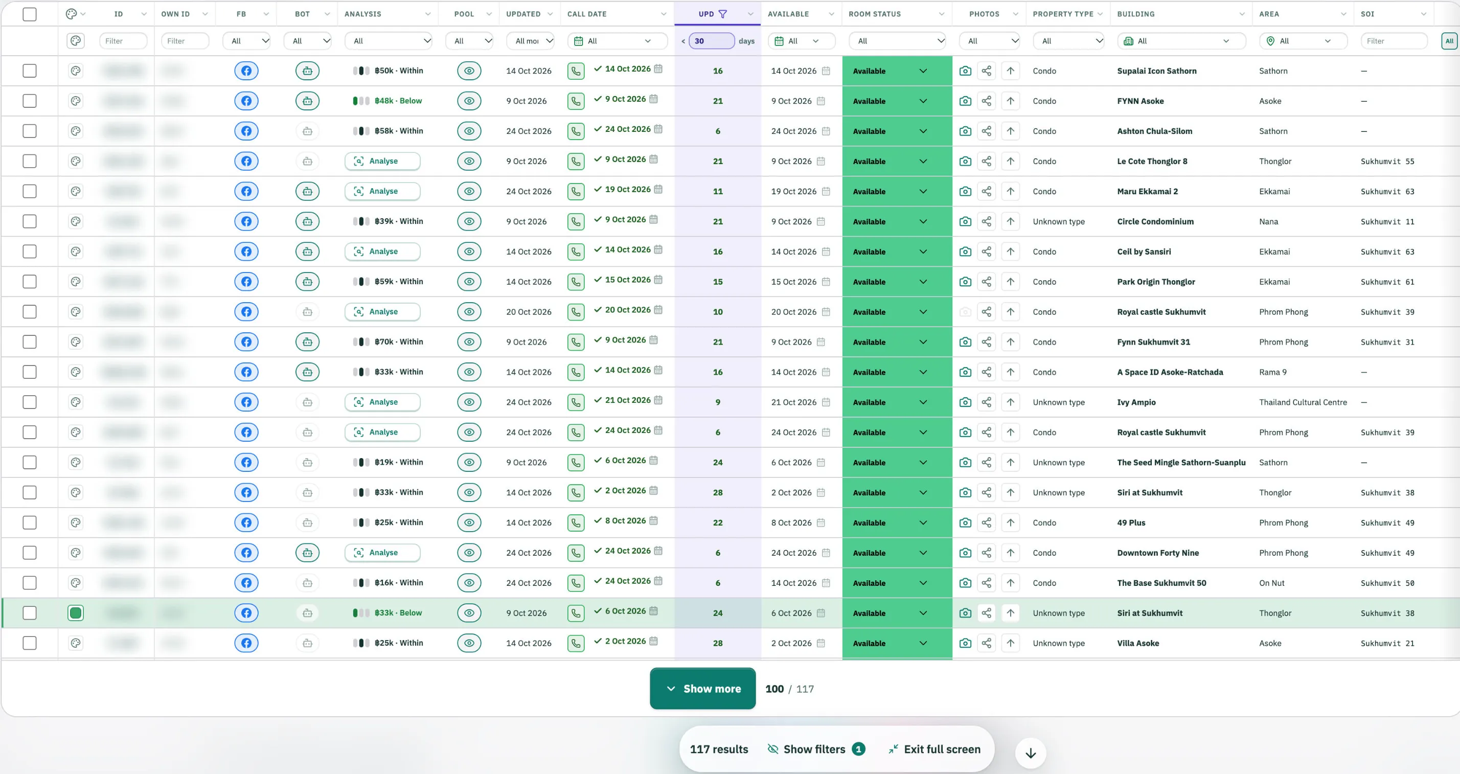 My stock › Sheet in full screen: one row per listing with columns FB, Bot, Analysis, Pool, Updated, Call date, UPD days, Available, Room status, Photos, Property type, Building, Area and Soi, each with its own filter; filtered to Available listings called in the last 30 days.