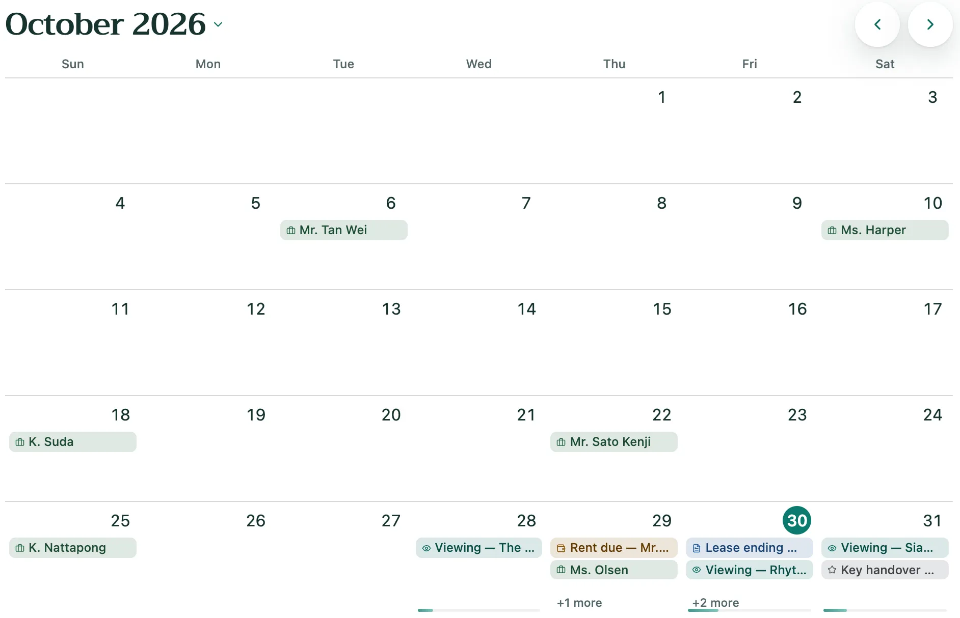The Calendar’s month grid for October 2026 in the demo workspace: up to two event chips a day, then “+1 more” or “+2 more”, with today highlighted.