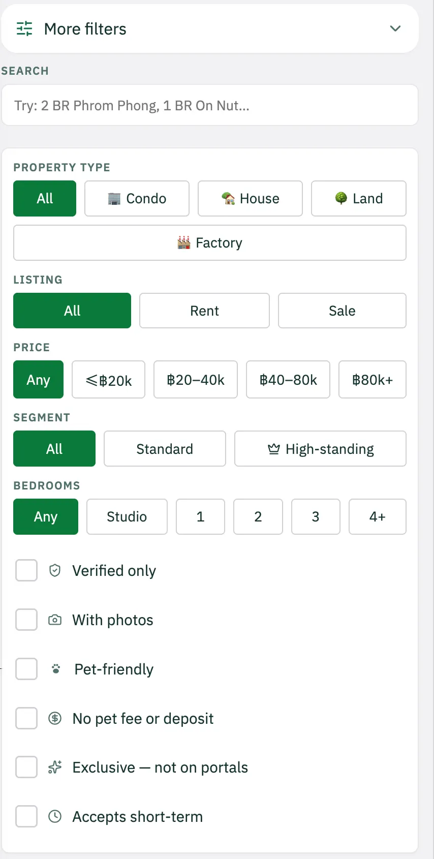 More filters, opened: a search line, Property type (All, Condo, House, Land, Factory), Listing, Price, Segment (Standard or High-standing), Bedrooms (Studio to 4+), and the boxes With photos, Pet-friendly, No pet fee or deposit, Exclusive — not on portals, and Accepts short-term.